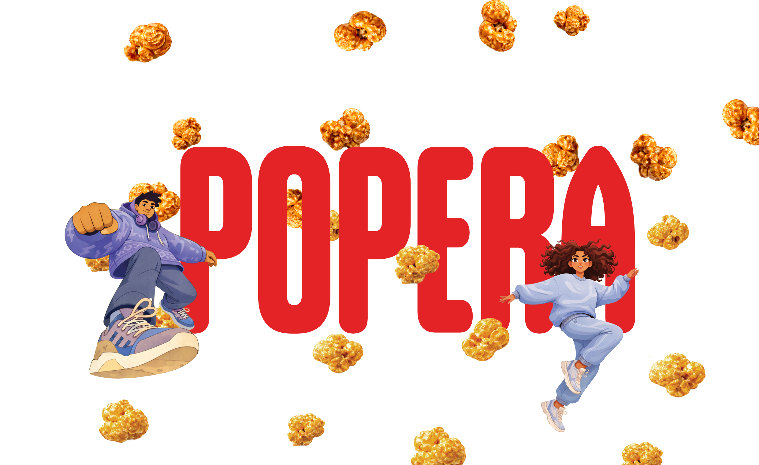 Illustration of two people in blue outfits with 'POPERA' and popcorn around on a white background